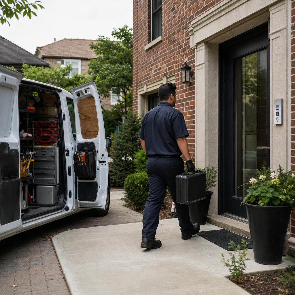 Professional locksmith carrying equipment toward a residential access control system.