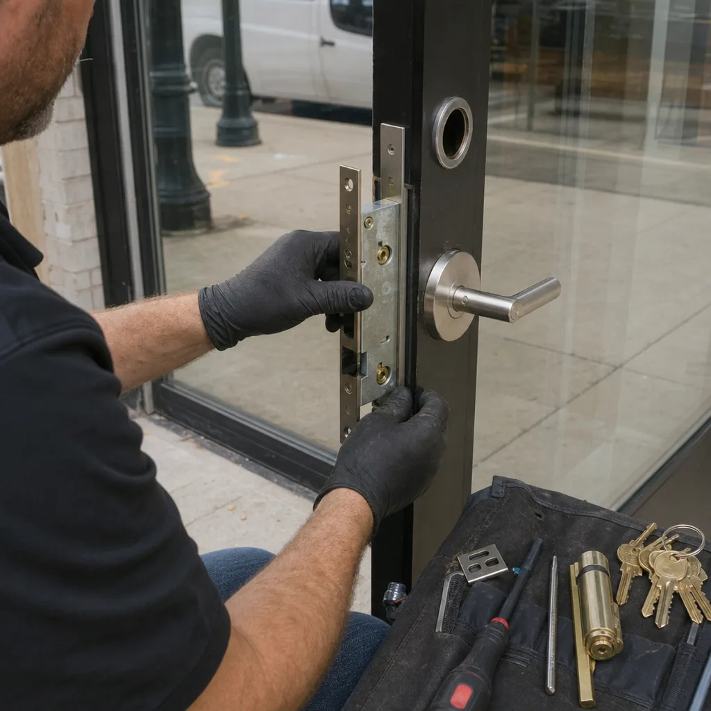 Professional locksmith installing a commercial storefront door lock mechanism