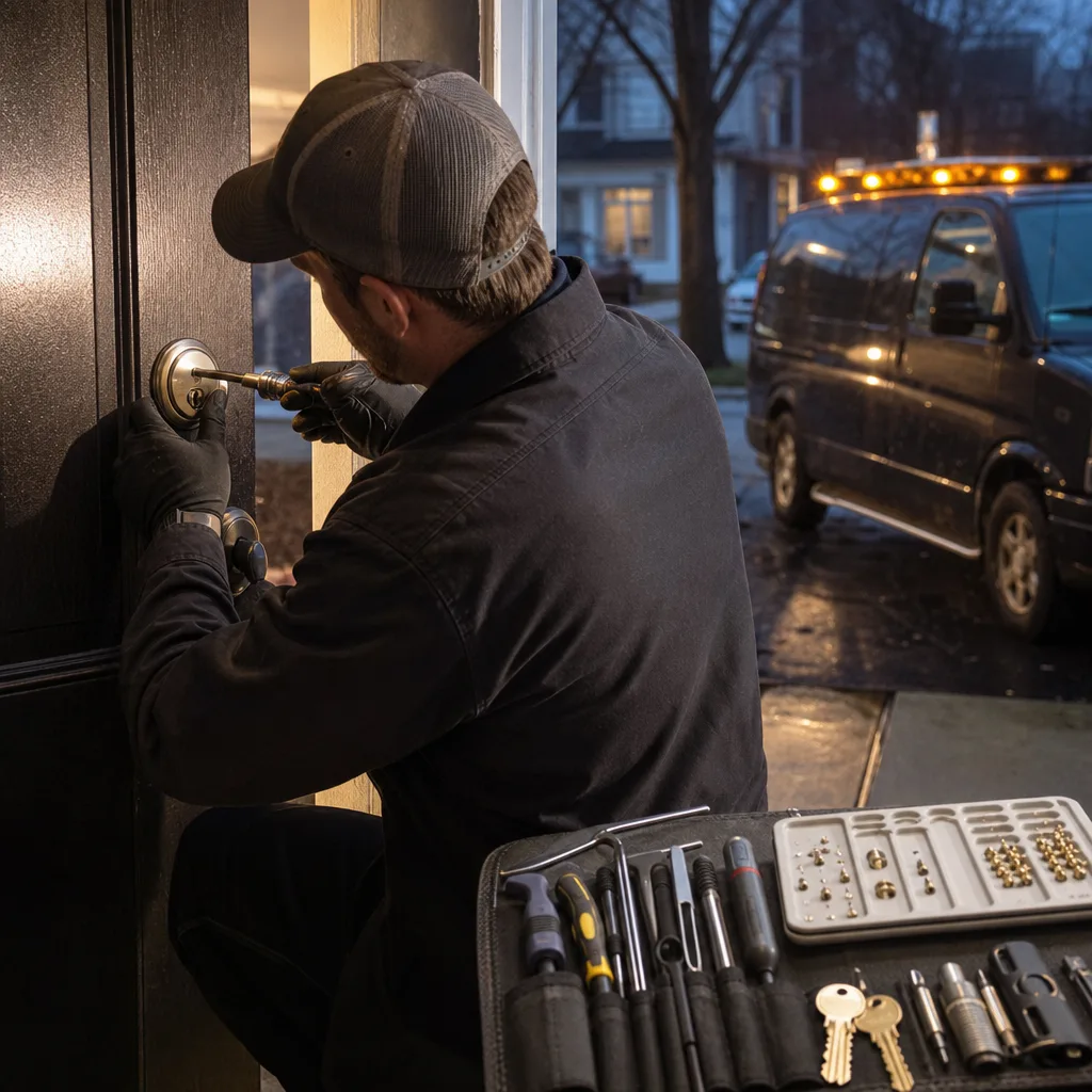 Professional locksmith performing emergency door unlocking service with tools and equipment