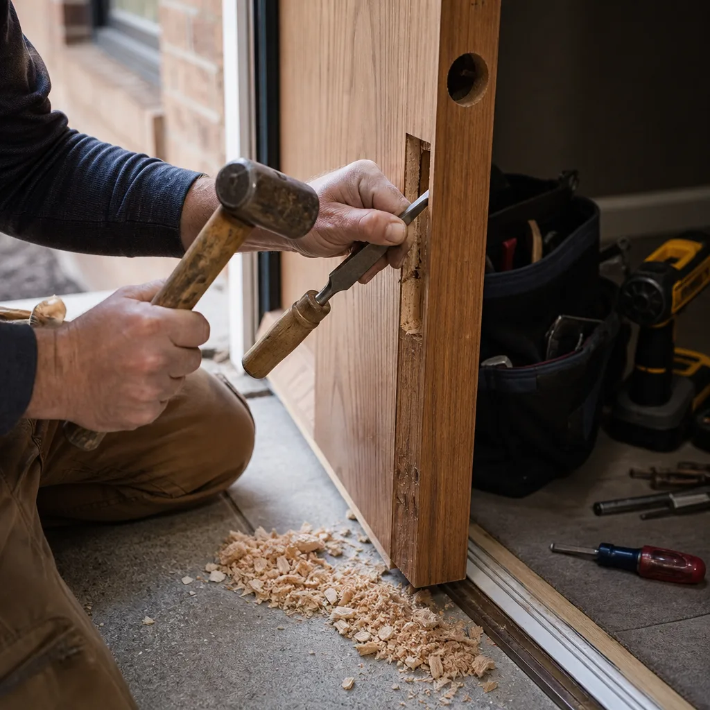 Locksmith using a hammer and chisel to install a door lock