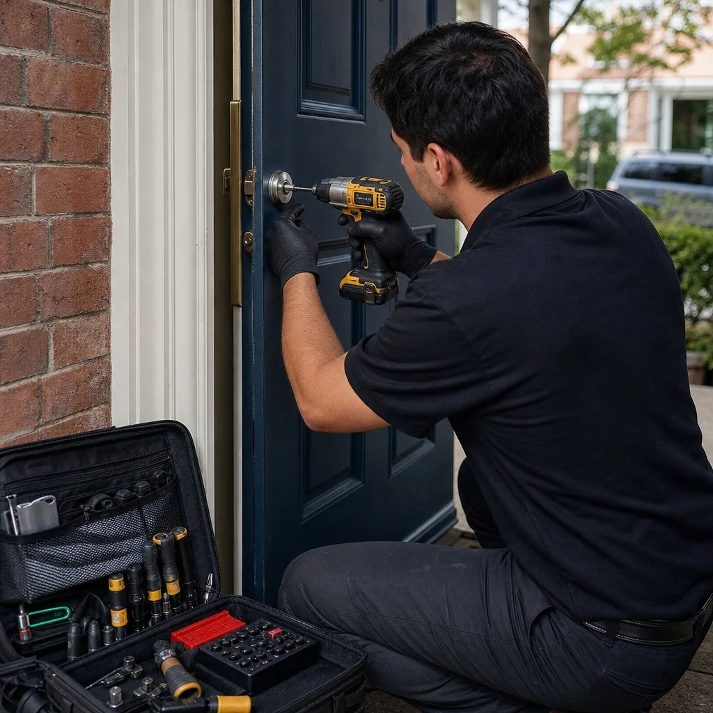 Professional locksmith using a power drill to repair a door lock