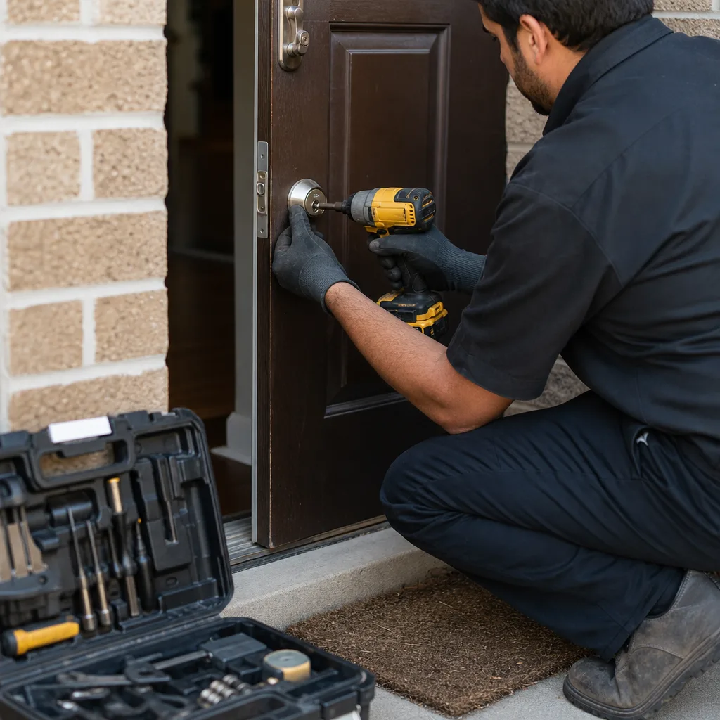 Professional locksmith using a power drill to repair a residential door lock.